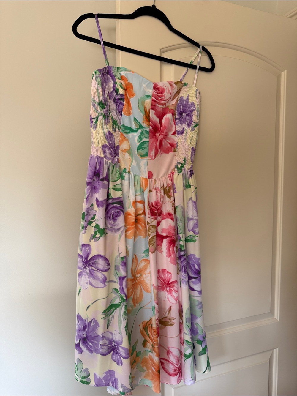 BiBi Multicolor Floral Midi Dress with Smocked Bodice